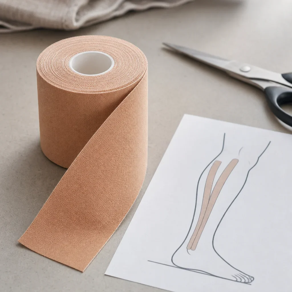 A roll of kinesiology tape and scissors for shin taping.