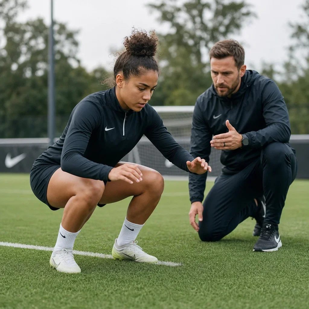Soccer athlete performing a controlled landing drill with a coach nearby.