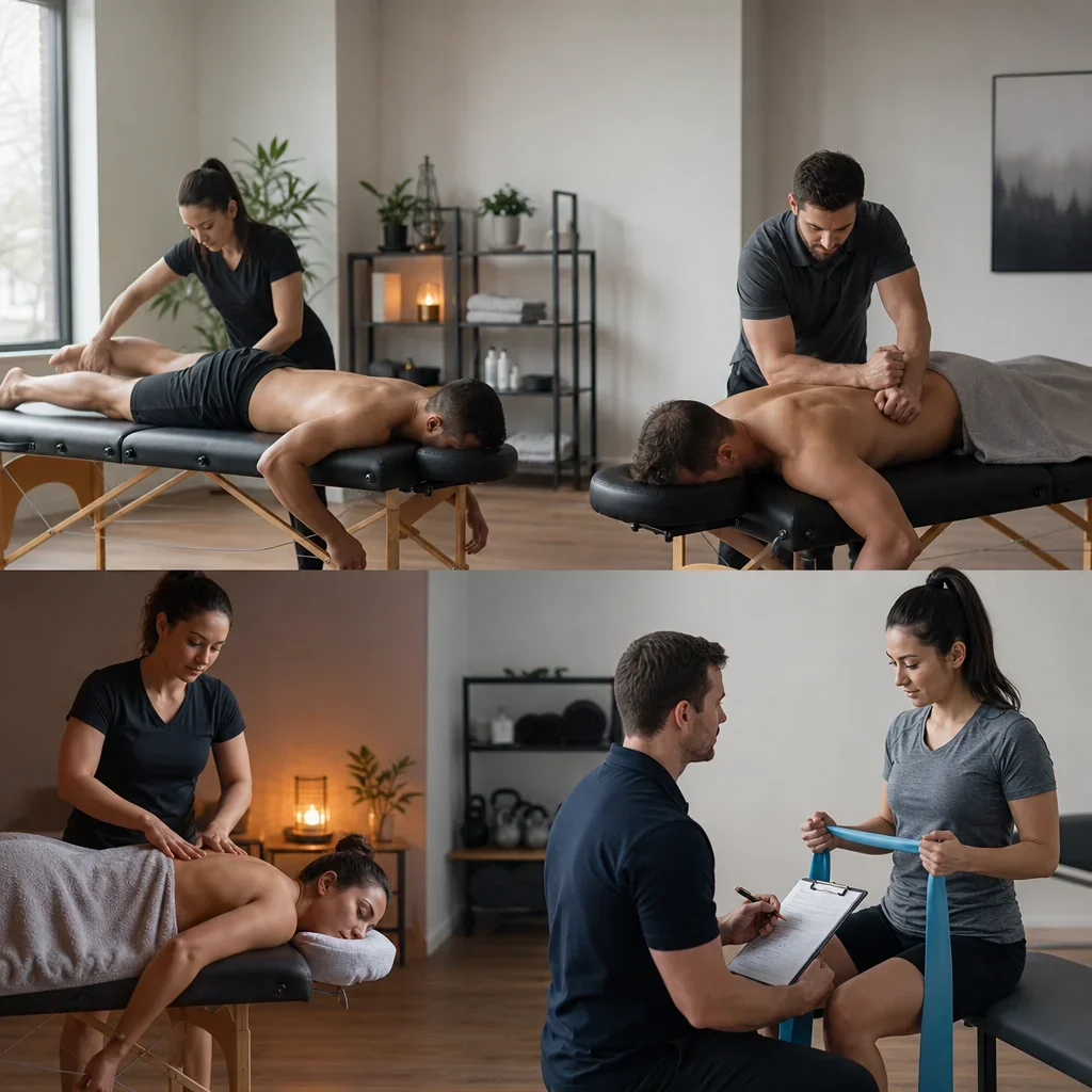 A comparison scene showing massage, deep tissue work, relaxation massage, and physiotherapy assessment.