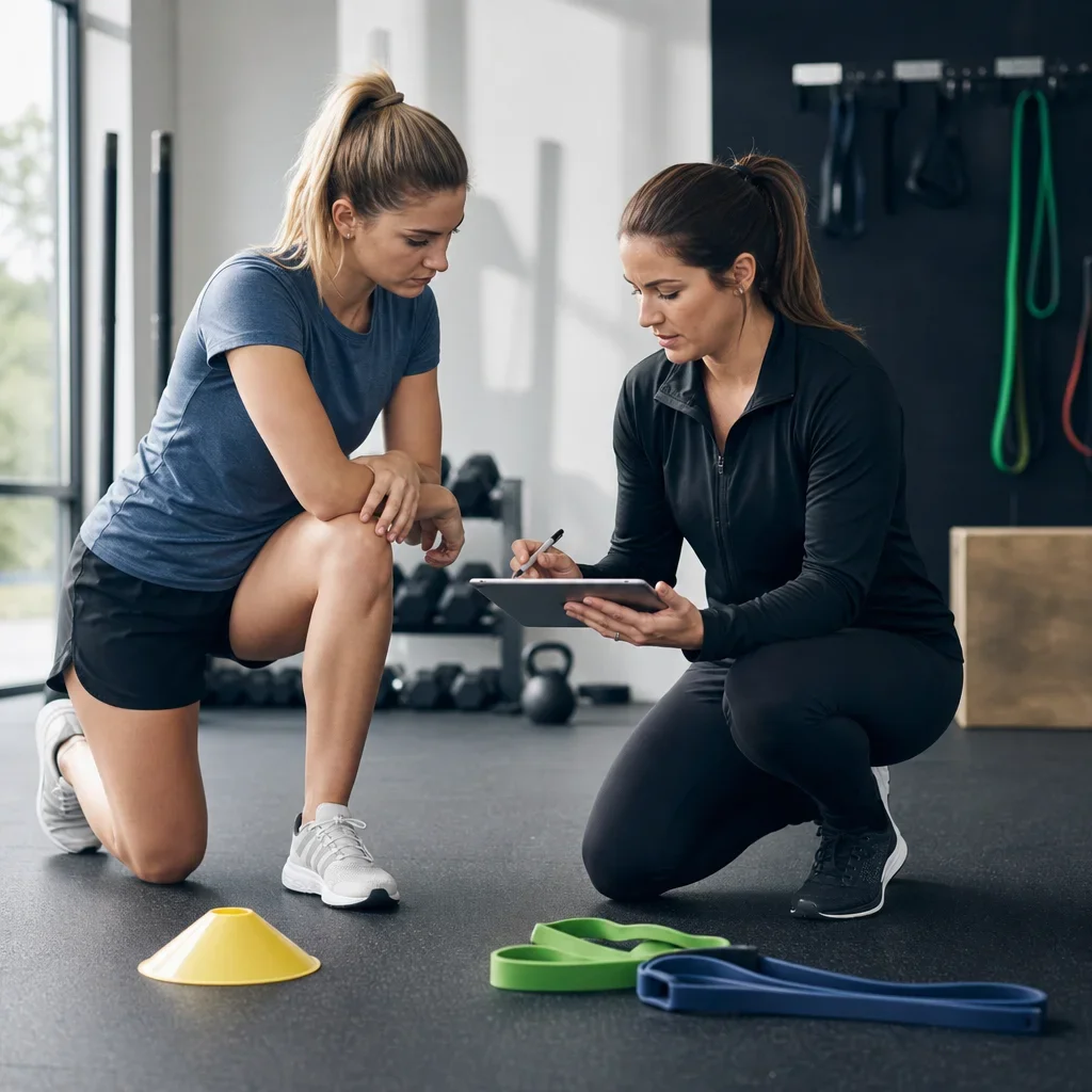 Physiotherapist reviewing an athlete’s movement screening in a sports setting.