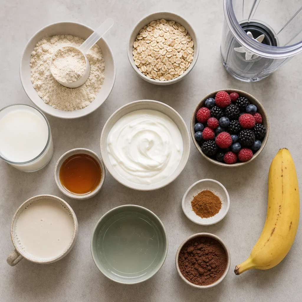 An overhead spread of common muscle-building shake ingredients like whey, yogurt, banana, oats, and milk.
