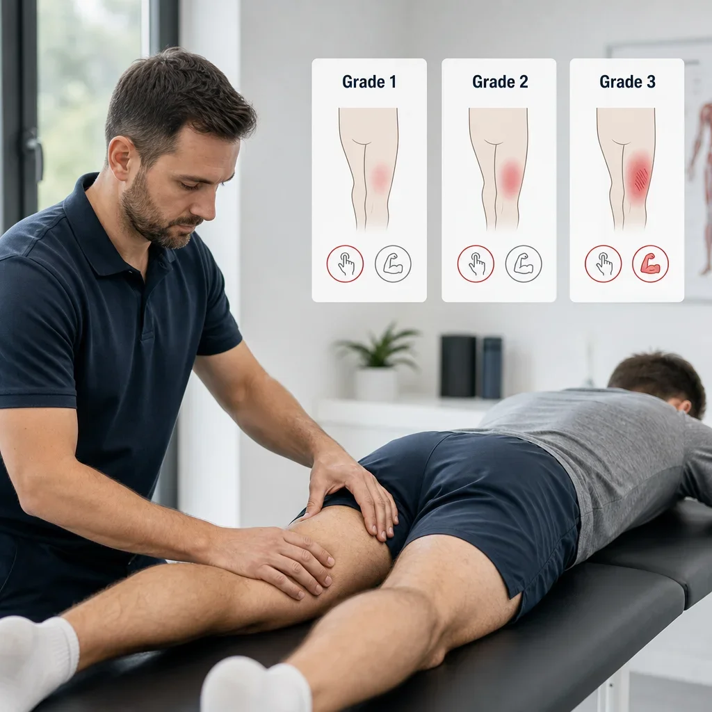 A clinician assessing a hamstring strain with mild to severe grade cues.