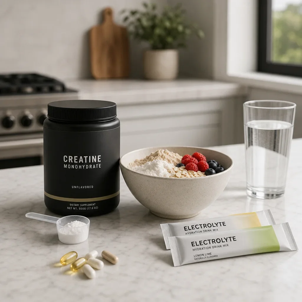 Creatine, electrolytes, and protein ingredients arranged to show optional supplement add-ons.