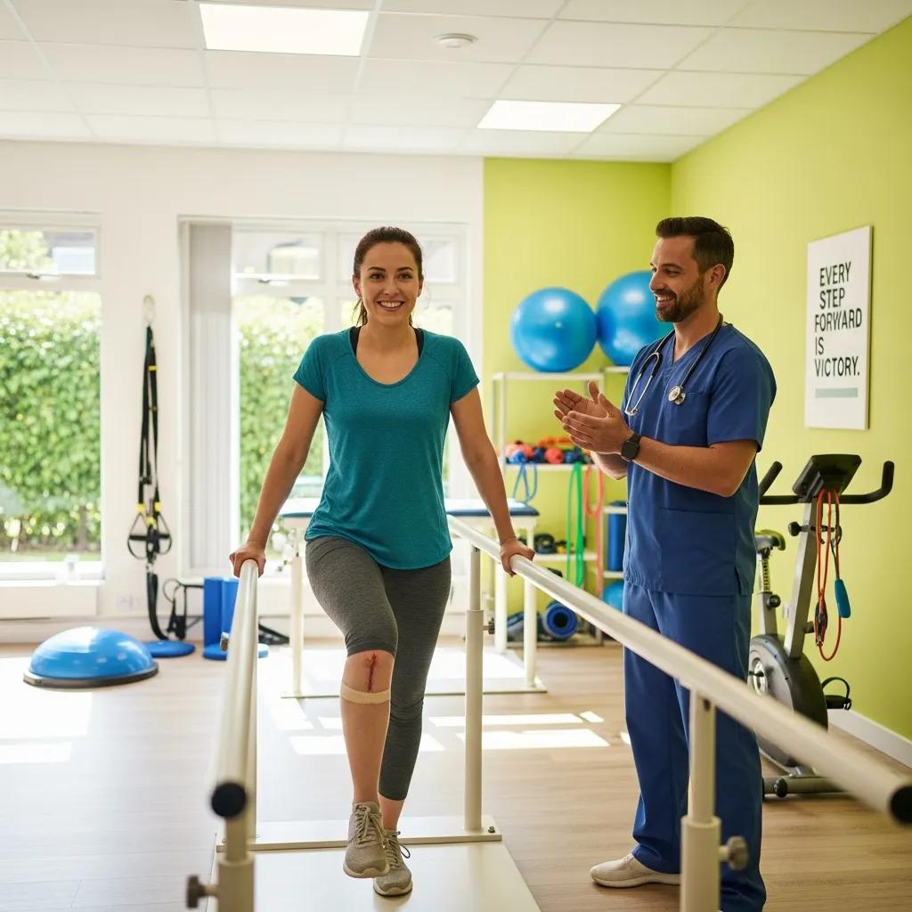 Patient progressing in recovery with a physiotherapist — guided progress and support