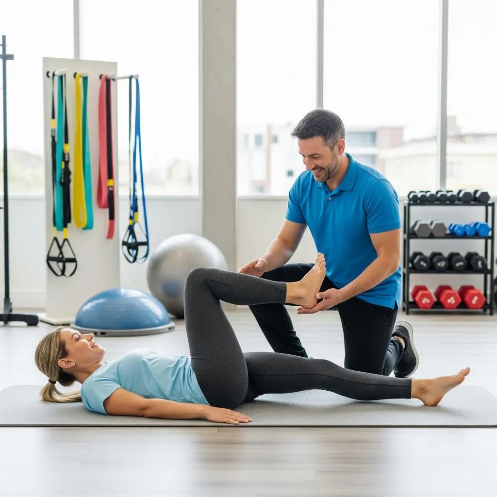 Patient performing heel slides with physiotherapist guidance in a rehabilitation setting