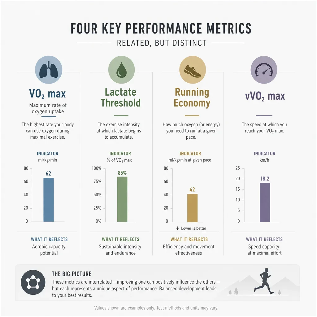 A simple comparison chart of VO2 max, lactate threshold, running economy, and vVO2max.