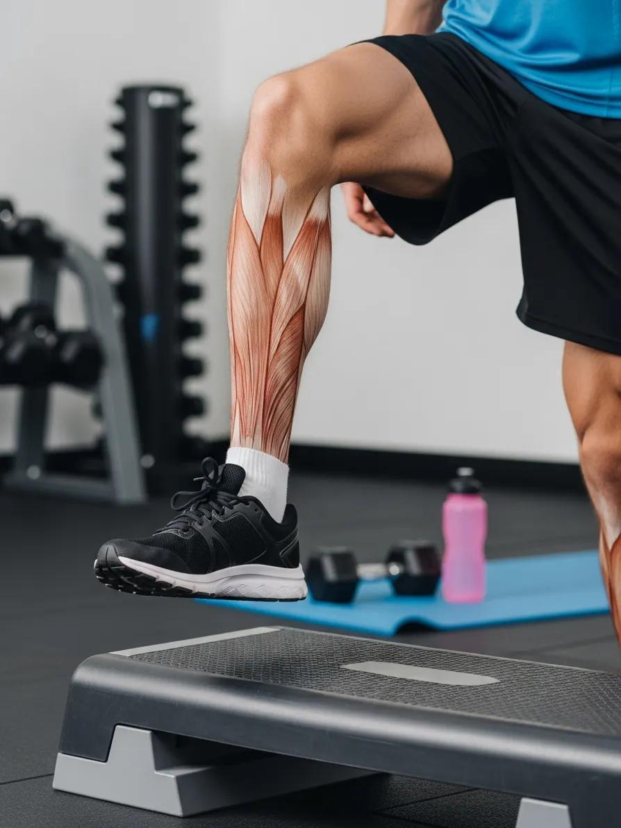 Person doing toe raises on a step to strengthen lower leg muscles