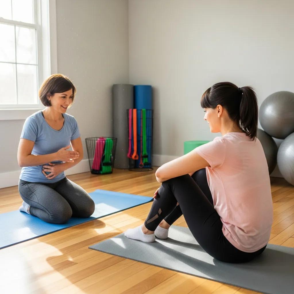 Physiotherapist guiding a new mother through pelvic floor therapy exercises