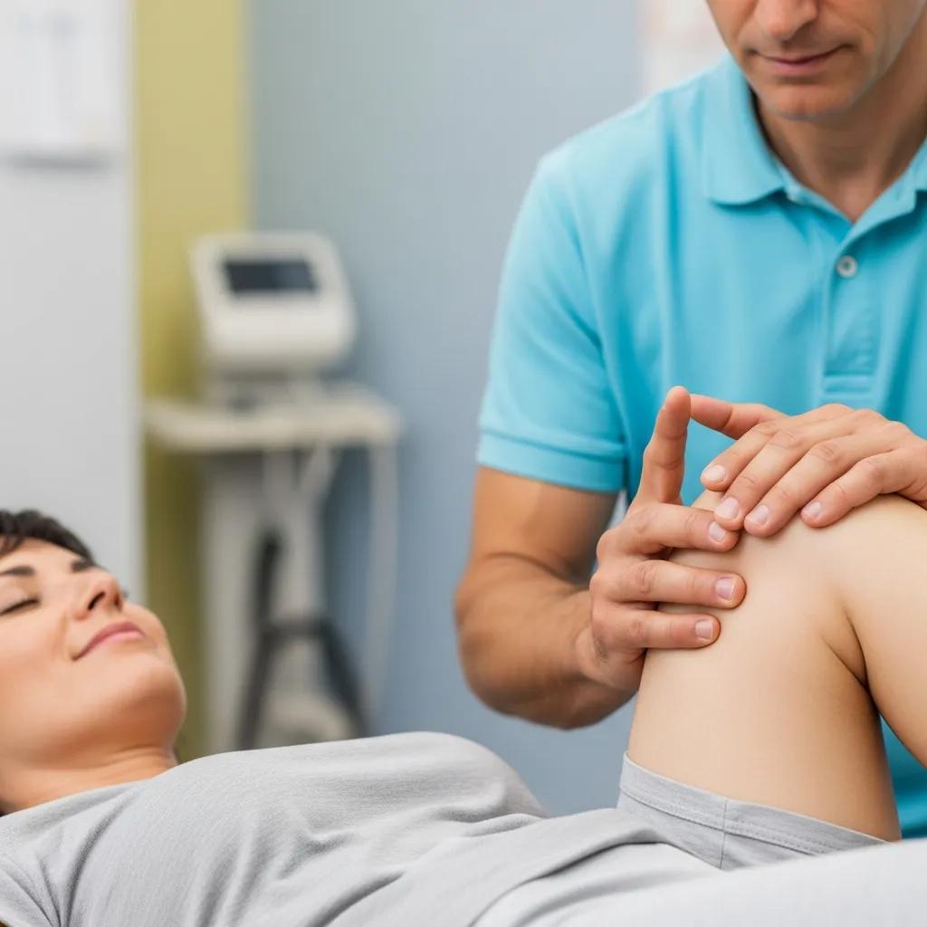 Physiotherapist applying manual therapy to a patient's knee to improve mobility