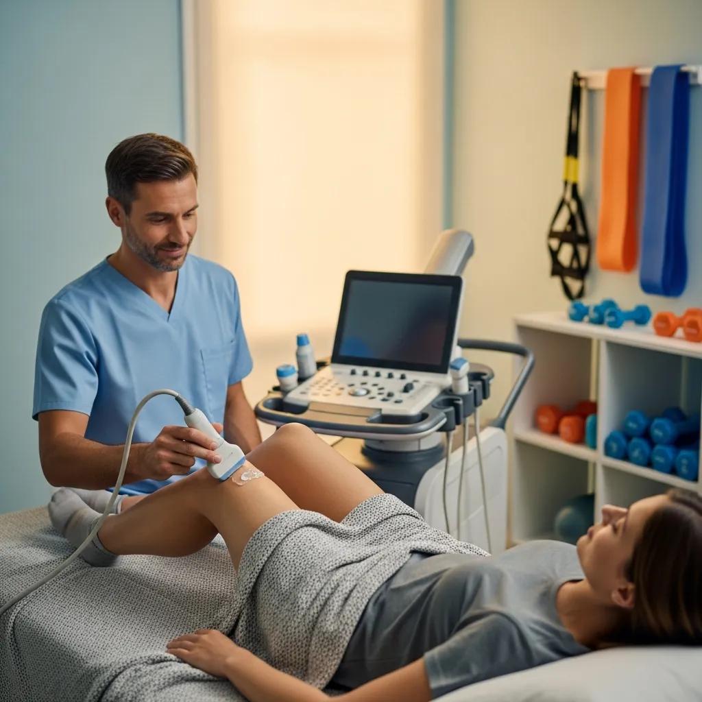 Physiotherapist using ultrasound therapy on a patient's knee for pain management