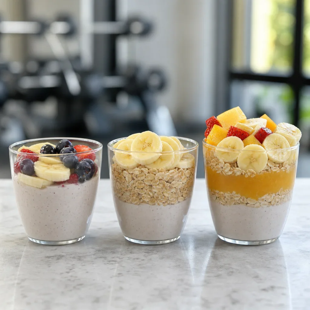 Three post-workout shake carb portions showing light, moderate, and high-carb options.