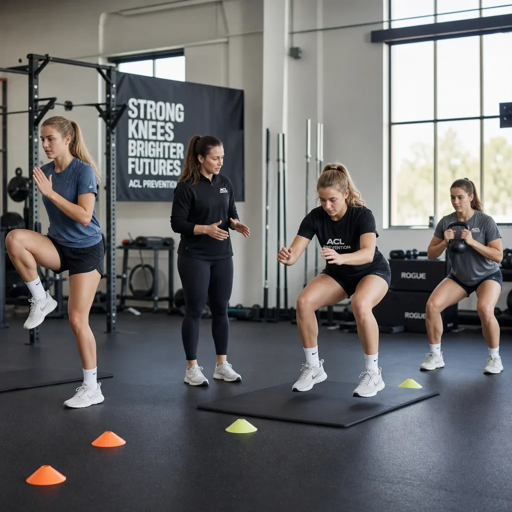Female athletes doing a structured ACL prevention workout circuit in a gym.