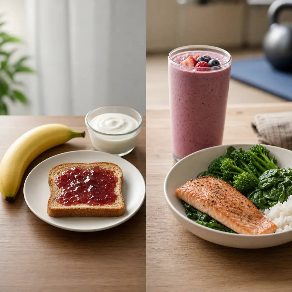 Pre- and post-workout foods laid out as practical recovery options.