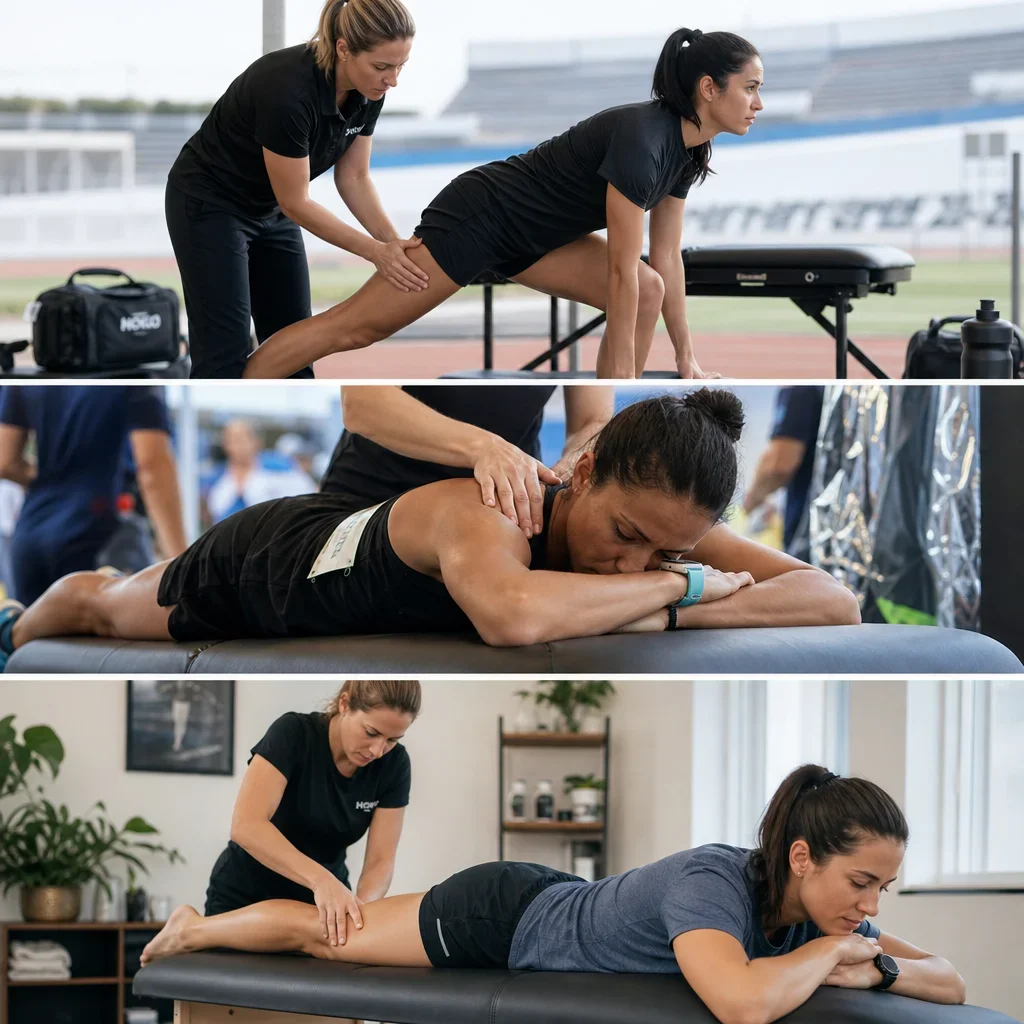 A three-part scene showing pre-event, post-event, and maintenance sports massage.
