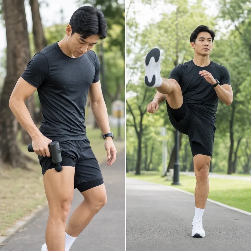 Runner using a massage gun before a run, then warming up.