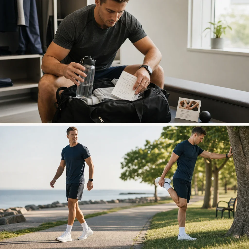 An athlete prepares for a sports massage with water, training notes, and recovery gear.
