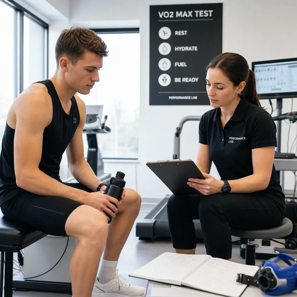 An athlete preparing for a VO2 max test with a technician reviewing instructions.
