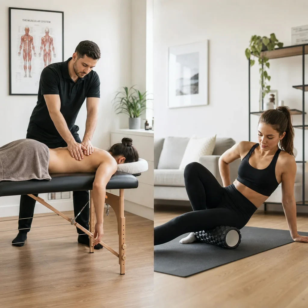 A comparison of professional massage therapy and at-home self-massage with a foam roller.
