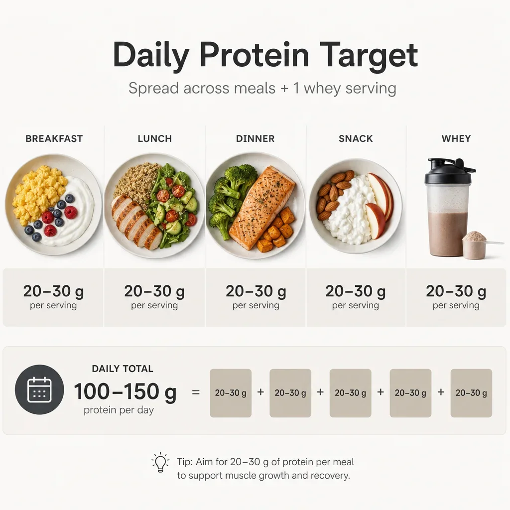 A simple infographic showing protein per serving and daily intake across meals.