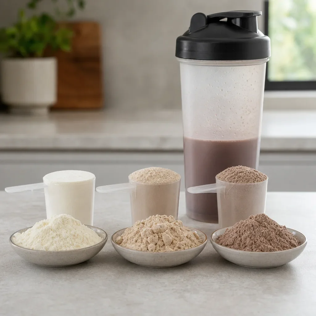 A comparison of whey isolate, whey concentrate, and casein protein powders beside a shaker bottle.