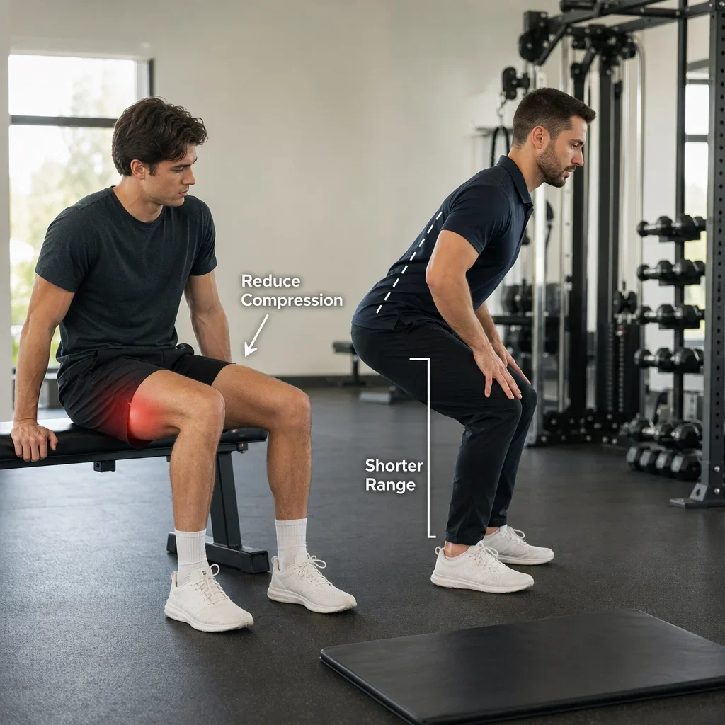 A physiotherapist demonstrates modified exercises for proximal hamstring tendinopathy near a bench.