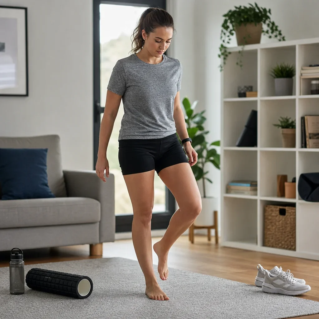 A person doing gentle recovery movement at home after muscle soreness.