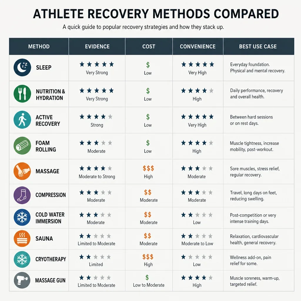 A comparison table infographic ranking common recovery methods by evidence, cost, convenience, and best use case.