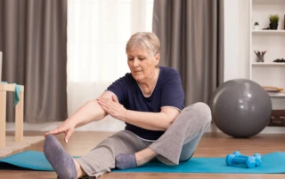 Resize Active Old Woman Exercising Yoga Mat Her Comfortable Apartment