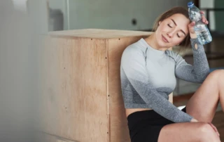 Resize Tired Happy Sportive Young Woman Have Fitness Day Gym Morning Time