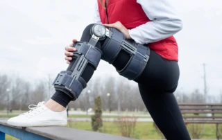 Resize Woman Wearing Knee Brace Orthosis After Leg Surgery Working Out Park