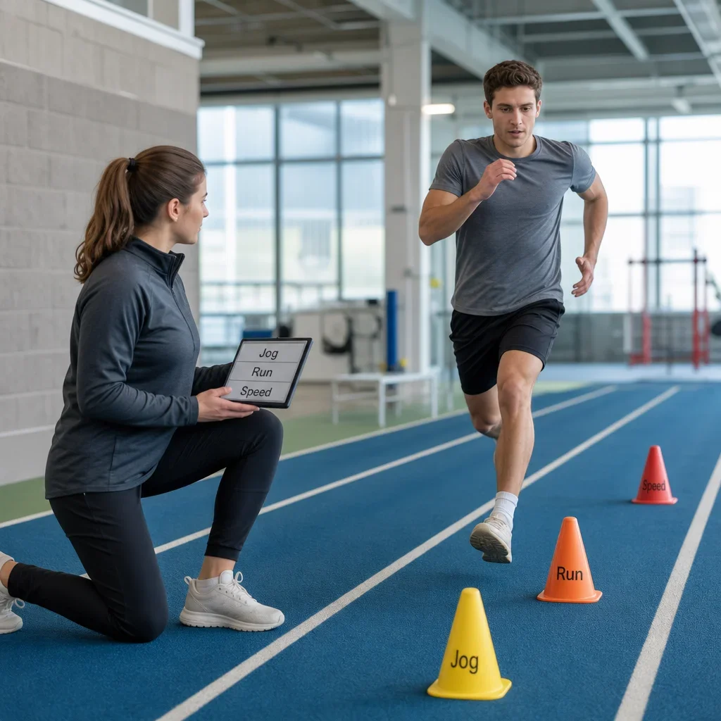 A runner progresses through a supervised return-to-running session while a clinician observes.
