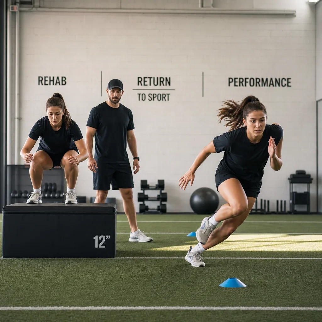 An athlete progressing from controlled rehab drills to sport-specific performance work.