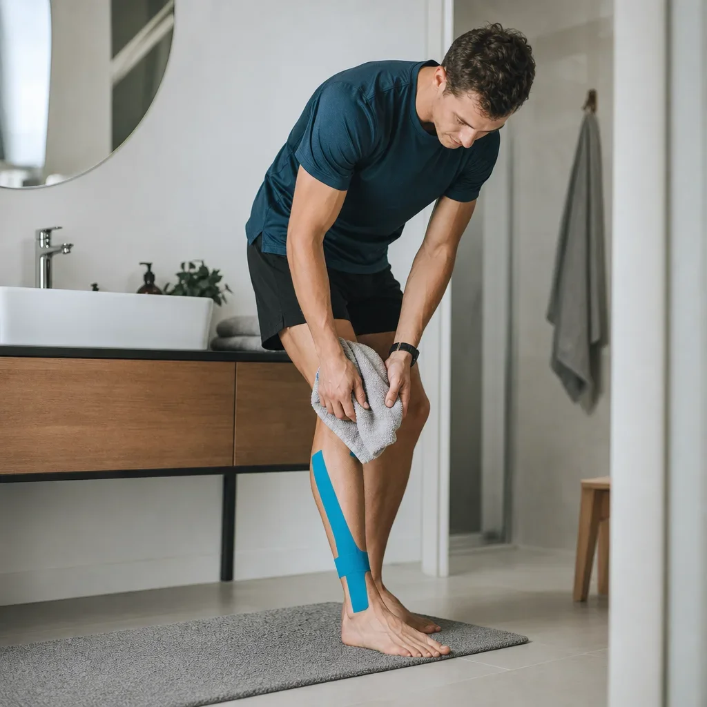 A runner patting dry taped shin after showering.