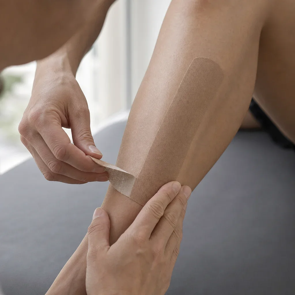 Hands gently peeling kinesiology tape off the shin.