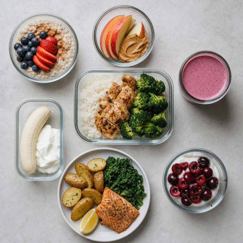 A full day of athlete recovery meals and snacks arranged in meal-prep containers.