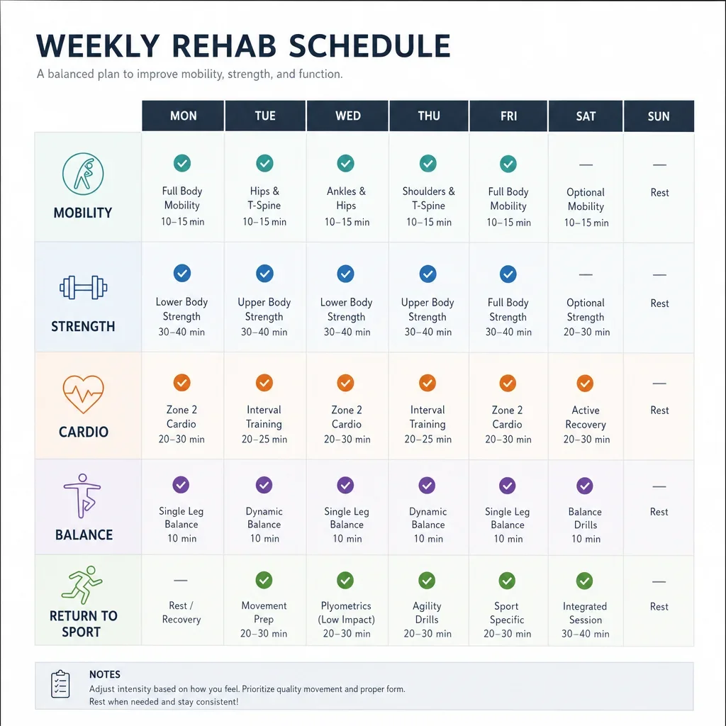 A weekly rehab schedule chart showing how different exercises fit across the week.