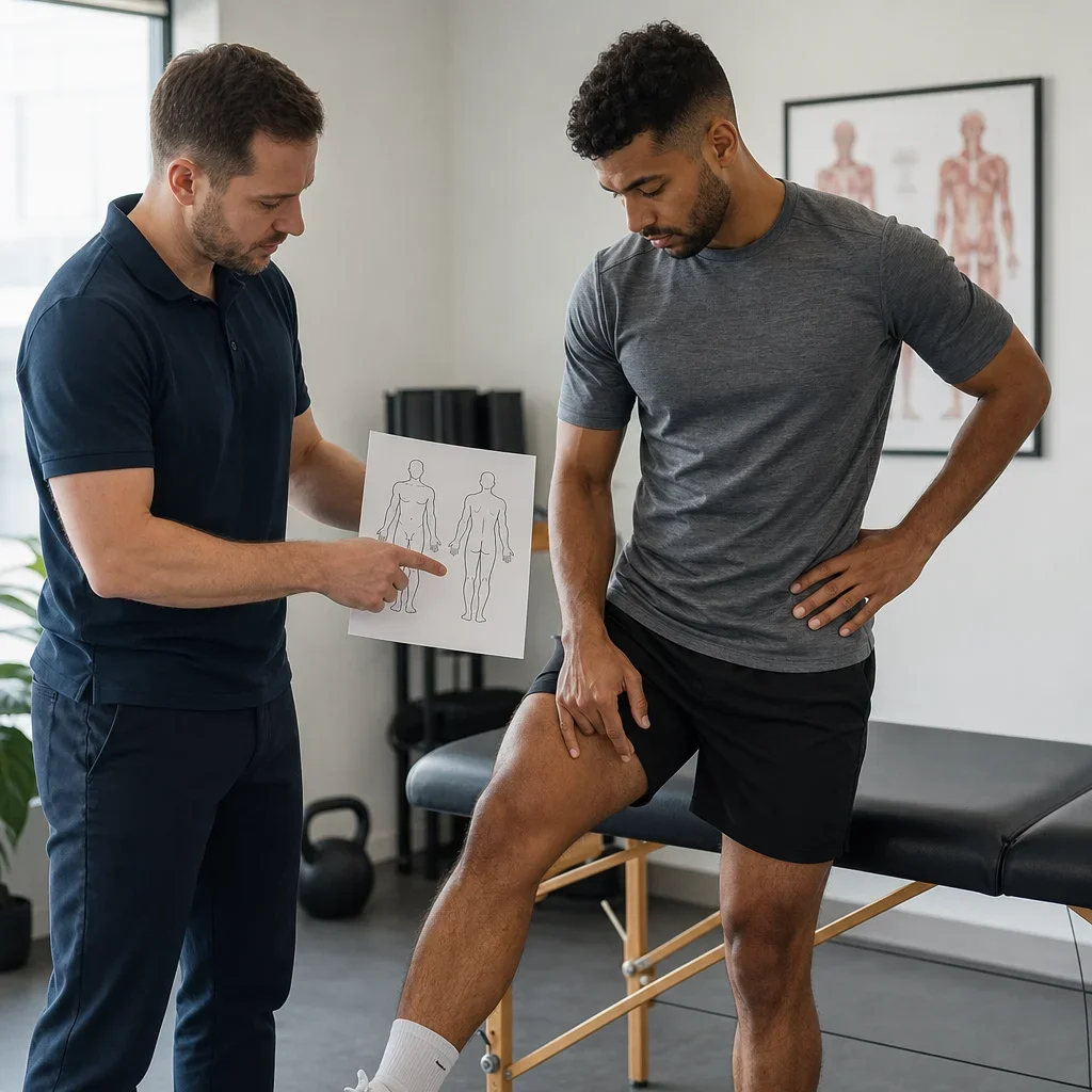 A clinician and athlete discussing leg pain and self-checks.