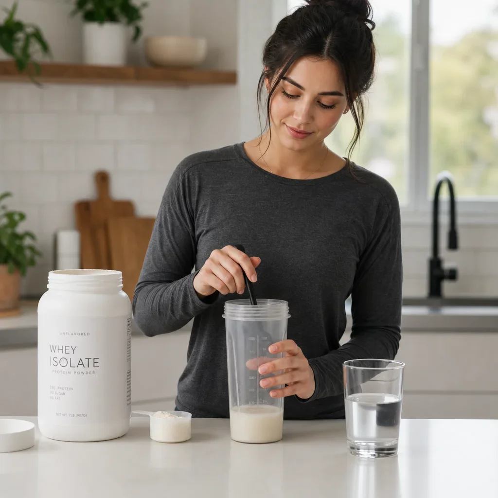 A person mixing a small serving of whey isolate with water for a sensitive stomach.