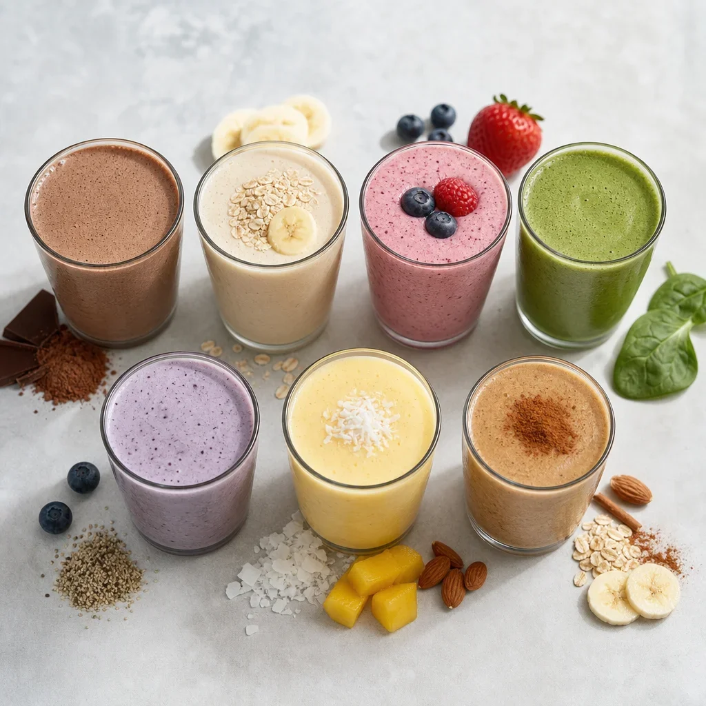 Seven different post-workout shake variations arranged in a neat grid.