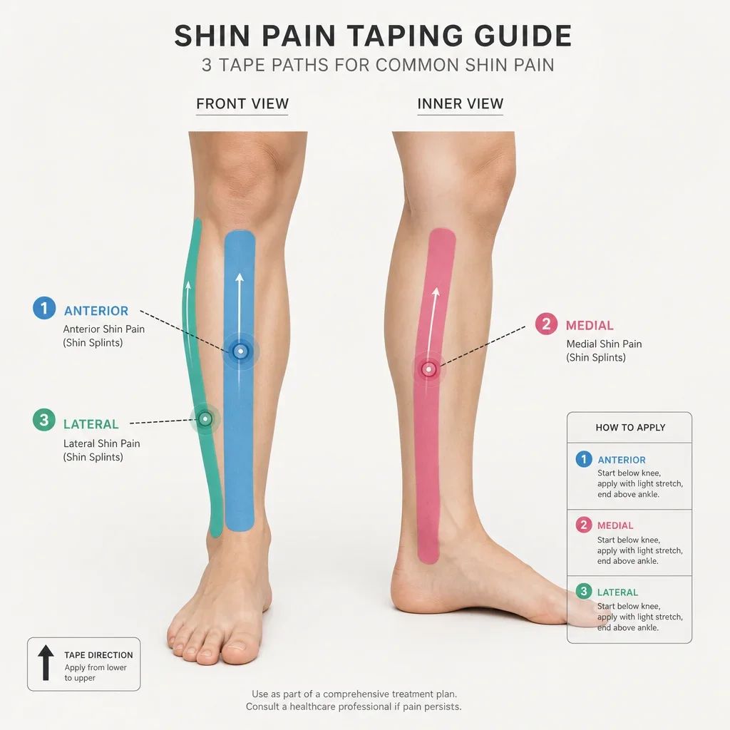 A diagram showing different taping paths based on shin pain location.