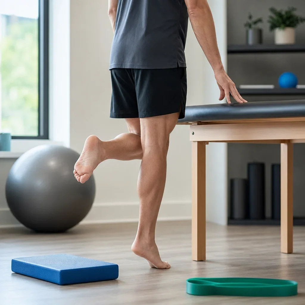 A person doing a calf raise as part of shin rehab.