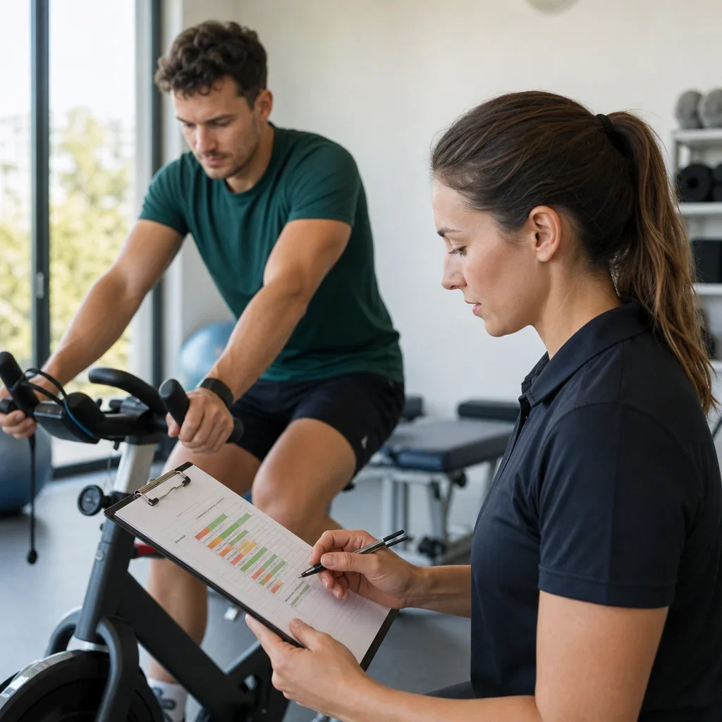 A runner cross-training while a physiotherapist reviews a rehab plan.