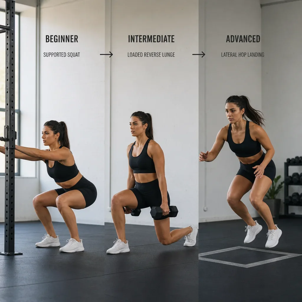 Athlete progressing from supported squat to more advanced ski-strength exercises.