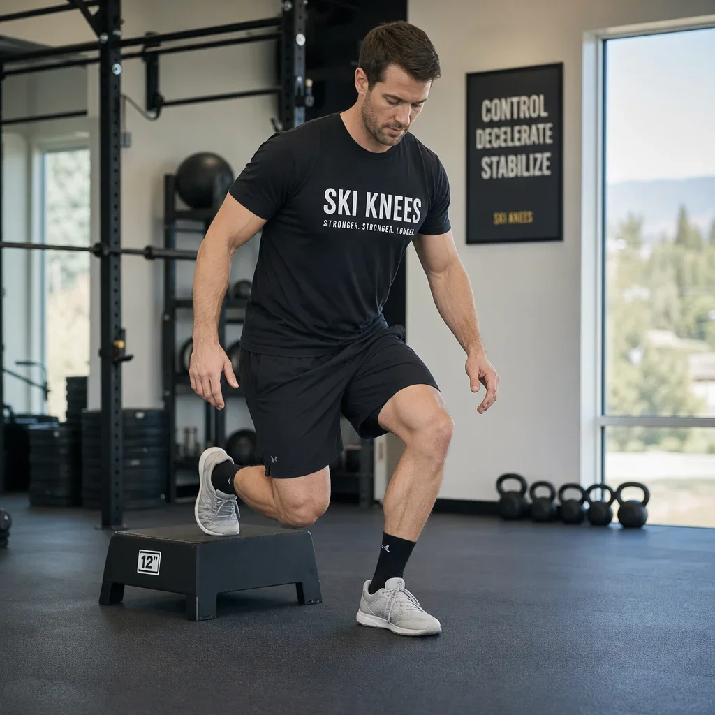 Person performing a controlled step-down exercise for ski knee strength.