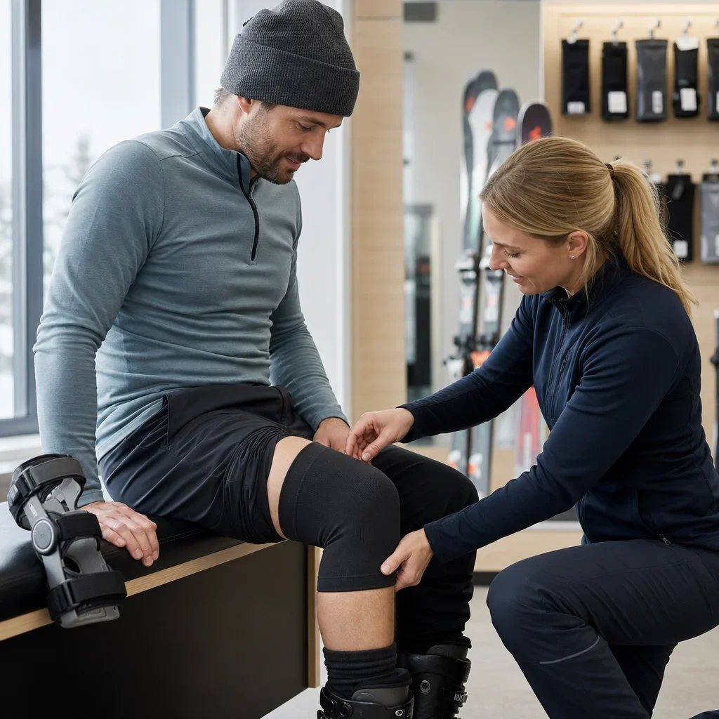 Clinician fitting a skier with knee support options.