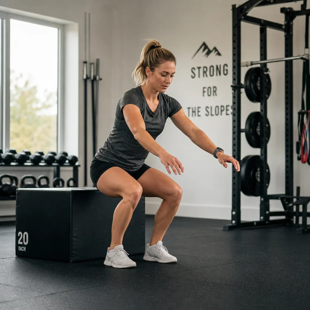 Athlete landing quietly in a controlled deceleration drill for skiing.