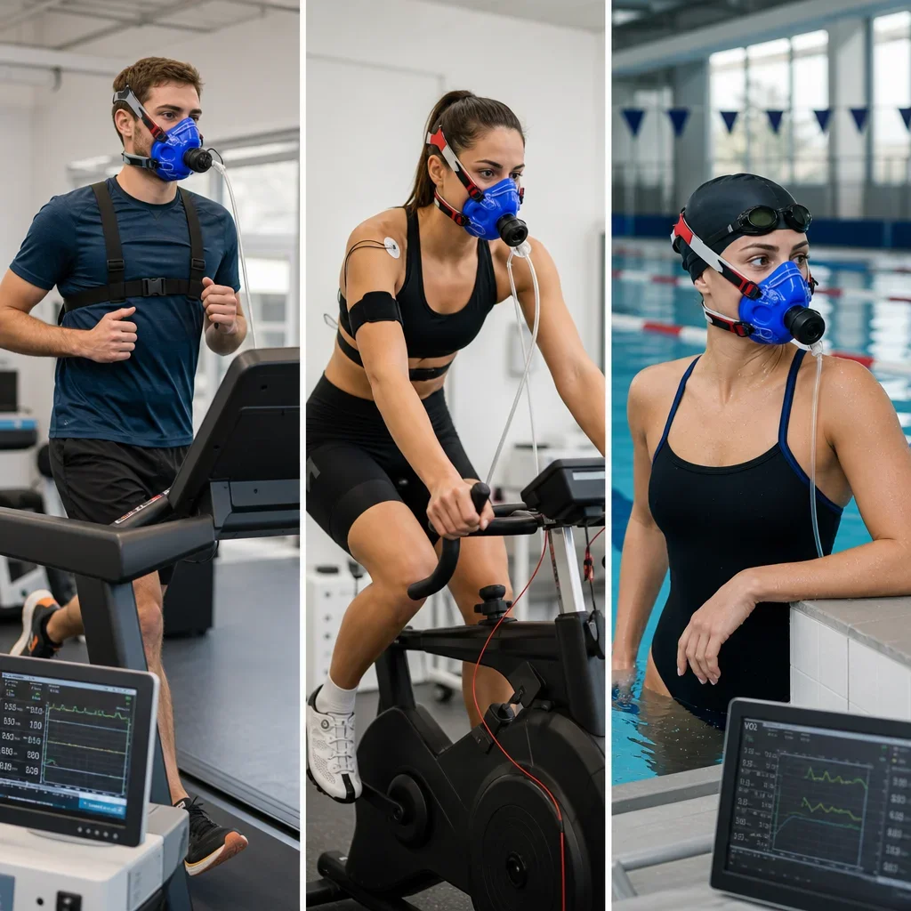 A three-panel view of VO2 max testing for running, cycling, and swimming.