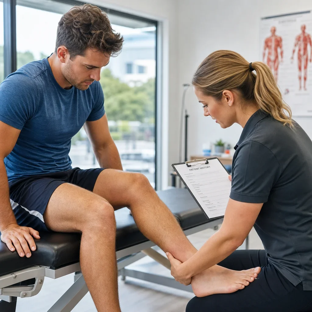A therapist screens an athlete with a recent injury before treatment.