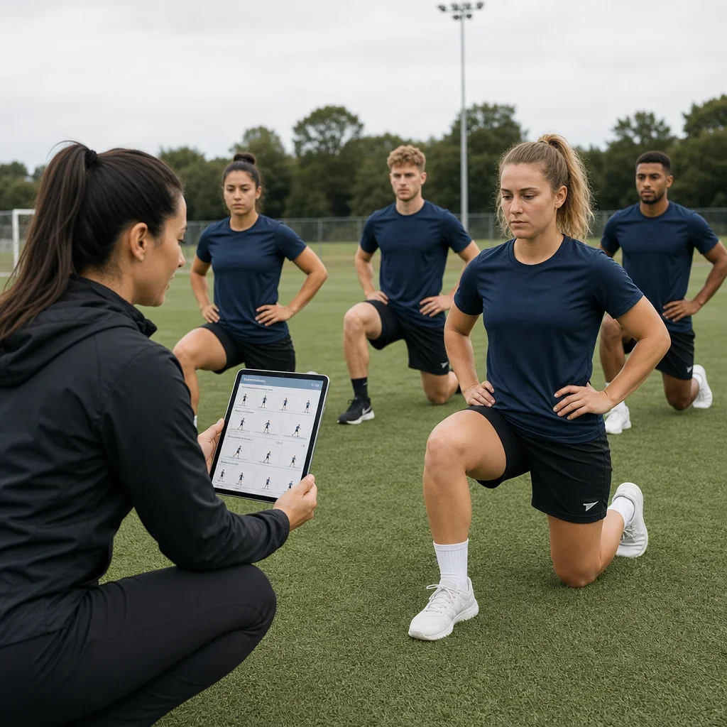 Team following a structured ACL warm-up led by a coach or physiotherapist.