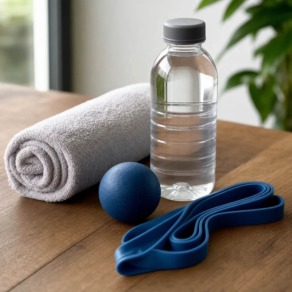 Home exercise tools for tennis elbow including a squeeze ball, resistance band, towel, and water bottle.